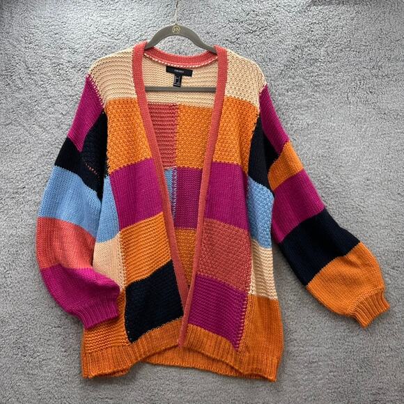 Forever 21 Small Patchwork Oversized Knit Cardigan Fun Casual Cozy Comfort EUC - Picture 1 of 10
